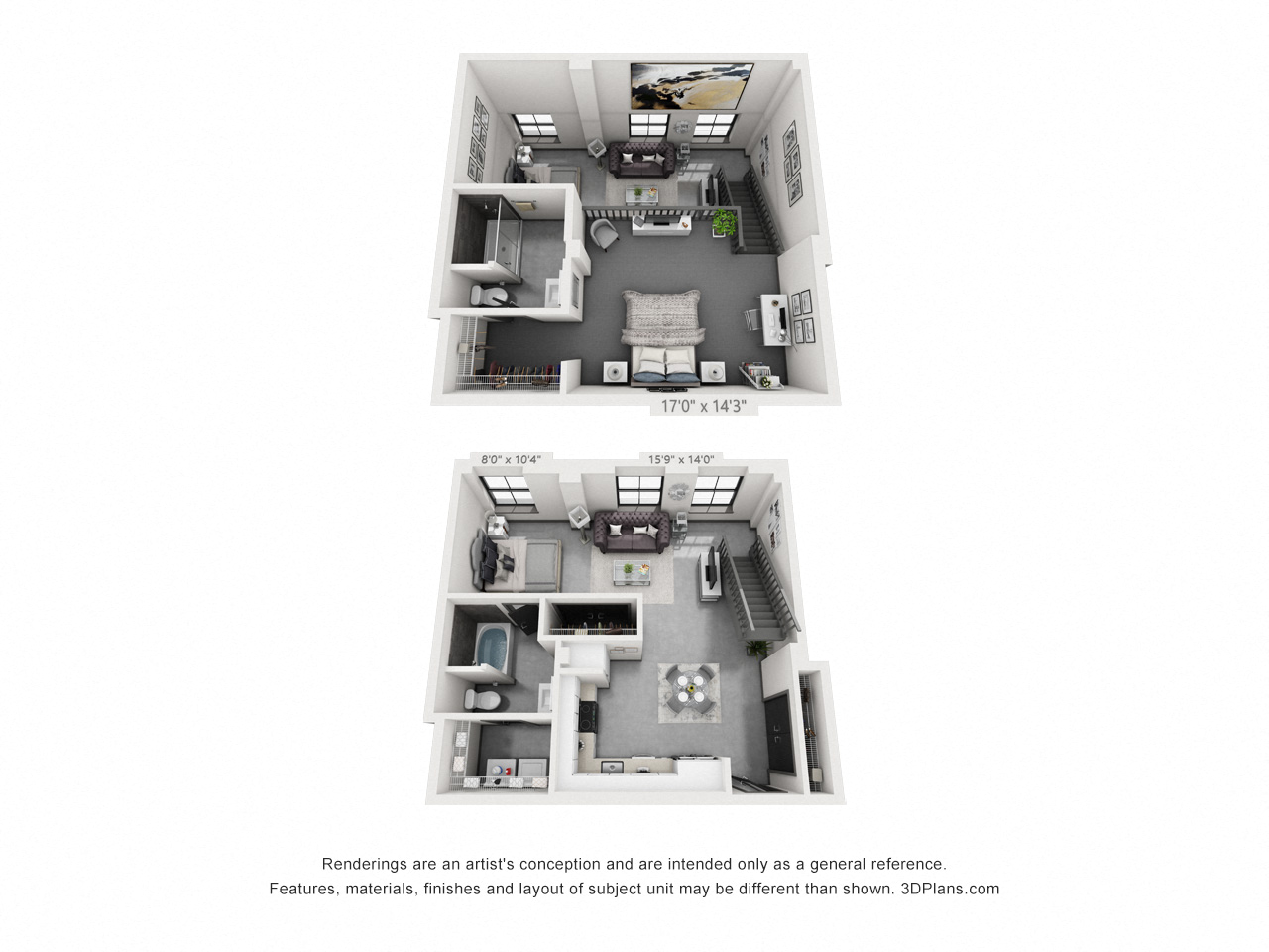 Floor plan for 2 beds, 2 baths, 1057 sqft